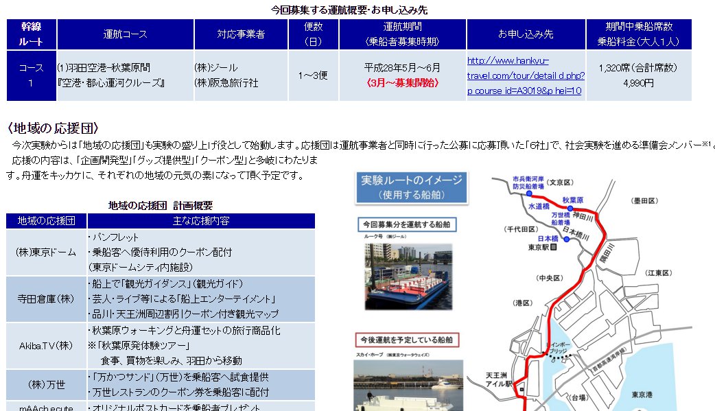 国土交通省羽田空港-秋葉原間の春季舟運社会実験